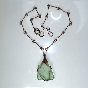 Artist Handmade Aqua Green Sea Glass Pendant Artsy Handmade Copper Closure Chain